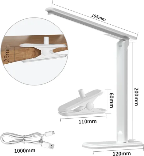 Miniatura 9 de Lámpara LED de escritorio, lámpara de mesa regulable, lámpara de lectura con clip y base intercambiables, 3 brillos regulables, pequeña lámpara