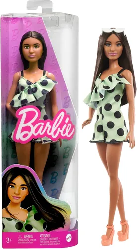 Miniatura 9 de Muñeca Barbie Fashionistas #187 con audífonos detrás de la oreja, cola de caballo morena, vestido cruzado y botas rosas