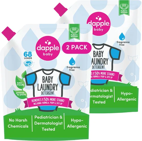 Dapple Detergente para ropa de bebé, impulsado por plantas, concentrado, hipoalergénico, sin fragancia, paquete ecológico, quitamanchas, 34 fl oz