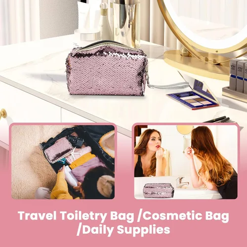 Miniatura 7 de Magic Sequin Travel Cosmetic Bags Reversible Glitter Maquillaje Organizador Bolsa Bolsa para Mujer (Rosa)