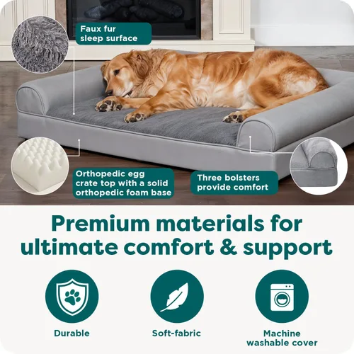 Miniatura 5 de Furhaven Cama ortopédica de espuma para perros, de pelo sintético y terciopelo, con diseño de caja de huevos, color salvia oscura, talla M Dark Sage
