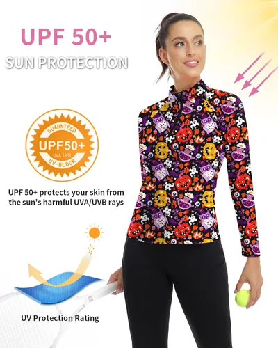 Miniatura 73 de WOWENY Camiseta deportiva de manga larga para mujer, con cremallera de un cuarto, cuello para entrenamiento, camiseta de tenis con estampado
