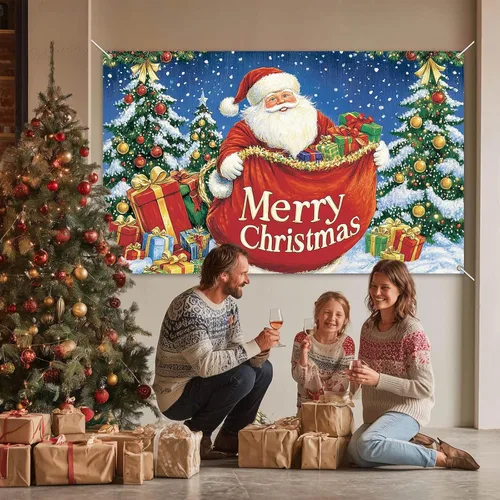 Miniatura 2 de HOMETITUTE Cartel de Feliz Navidad de Papá Noel de 71 x 43 pulgadas, telón de fondo navideño con bolsa de regalo y árbol de Navidad para interiores