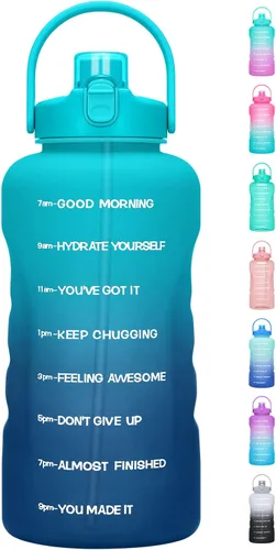 Miniatura 20 de Botella de agua de un galón con popote, 128 onzas (3.8 L), libre de BPA - Innovadora botella deportiva con tapa 2 en 1 con recordatorios Jacaranda