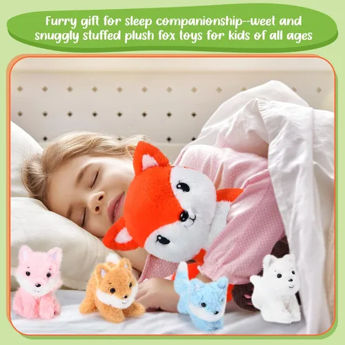 Miniatura 7 de HyDren Juego de 5 juguetes de peluche de zorro de 14 pulgadas con 4 lindos zorros de peluche en el abdomen, suaves peluches de zorro para baby