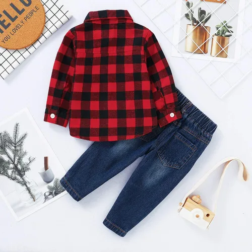 Miniatura 3 de MAMAMI Conjunto de 2 piezas de camisa de franela a cuadros rojos para bebés, niños y niñas, cintura elástica, agujeros rasgados, pantalones