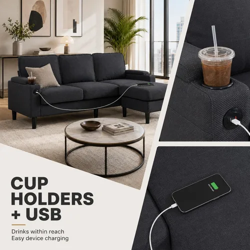 Miniatura 6 de Sofá modular de terciopelo en forma de L de 67 pulgadas con otomana, sofá convertible de 3 asientos con asiento profundo de nube para sala de estar