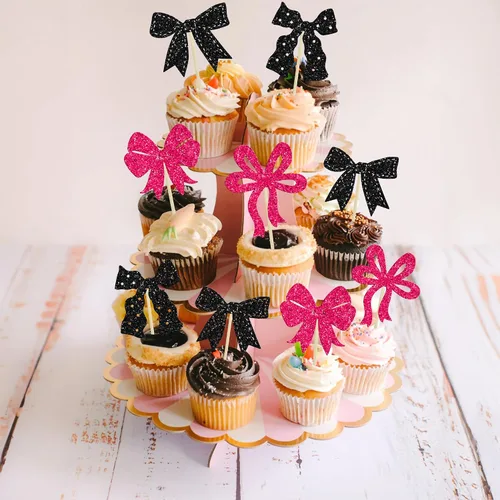 Miniatura 6 de Ephlyn 24 Piezas Adornos para Cupcakes con Lazo Rosa - Decoraciones de Cupcakes con Moño para Nupcial, Baby Shower, Fiesta Temática de Boda - Negro