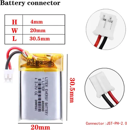 Miniatura 2 de Liter 3.7V 200mAh 402030 Lipo Batería recargable de iones de polímero de litio con conector JST 0.079 in