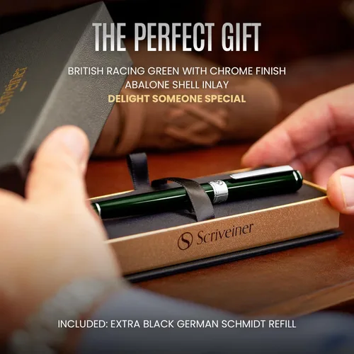 Miniatura 3 de Scriveiner British Racing Green Rollerball - Impresionante bolígrafo de lujo con acabado cromado, repuesto de tinta Schmidt, el mejor juego de 12.