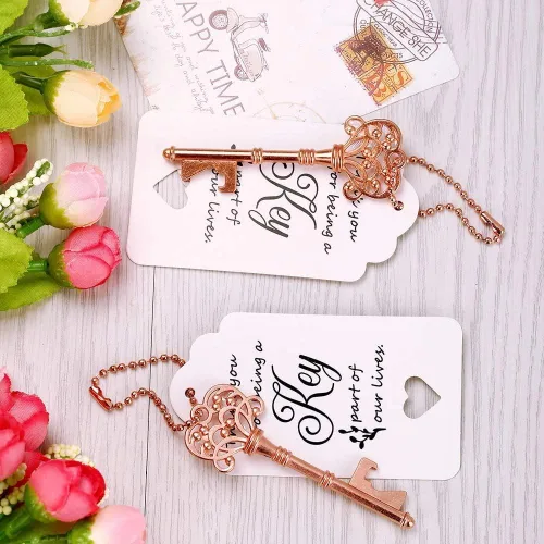 Miniatura 5 de 100 piezas de abrebotellas para recuerdos de boda, abrebotellas con llave de esqueleto vintage, abrebotellas con tarjetas de escolta y llaveros, Oro