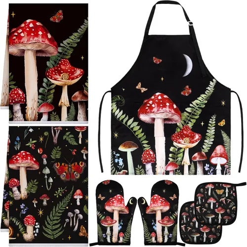 Miniatura 8 de Bencailor Juego de ropa de cocina de girasol de 7 piezas, incluye delantal, 2 toallas, guante de horno, 2 soportes para ollas, núcleo de cabaña