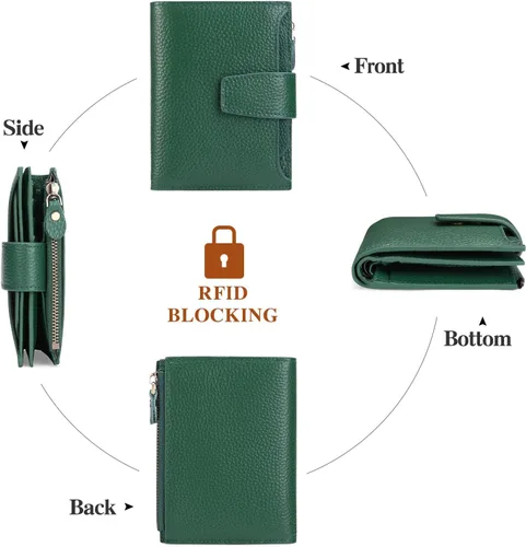 Miniatura 4 de FALAN MULE Cartera pequeña para mujer, de piel auténtica, plegable, compacta, con bloqueo RFID, pequeña cartera para mujer, Manzana Verde