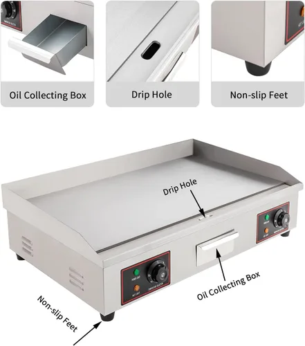 Miniatura 5 de Plancha eléctrica plana superior, 3000 W, 30 pulgadas, plancha eléctrica de acero inoxidable para encimera con tanque de recolección de aceite