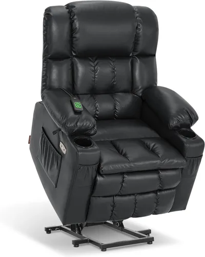 Miniatura 39 de MCombo Silla reclinable eléctrica de motor dual para adultos mayores, silla de elevación plana con calor y masaje, portavasos, puertos USB, piel