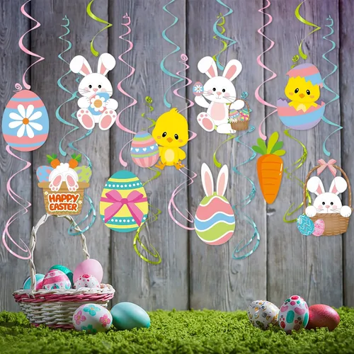 Miniatura 7 de Decoraciones para fiesta de Pascua con serpentinas de huevo-conejo - 16 piezas de lindos remolinos colgantes para techo, regalos y suministros
