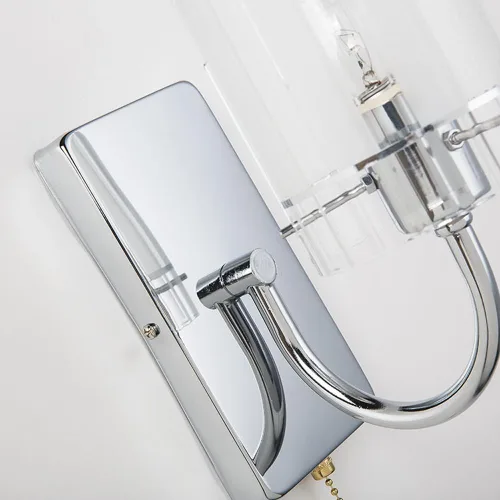 Miniatura 5 de Aplique de pared de vidrio transparente con interruptor de cadena de tracción, lámpara de tocador de baño cromada, cilíndrica, moderna, de mediados