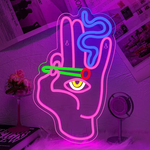 WLHOPE Letrero de neón con mano de mal de ojo para decoración de pared, luces LED rosa y azul, letreros de luz Hamsa, conectividad USB, letreros de