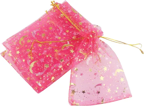 Miniatura 9 de QIANHAILIZZ - 100 bolsas de organza con diseño de estrellas y lunas para joyas, para regalo de caramelos, regalo de matrimonio, con cordón