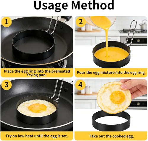 Miniatura 3 de 2 anillos de huevo para freír huevos, anillos redondos de 3.5 pulgadas para cocinar huevos con mango de silicona, moldes para cocinar huevos fritos