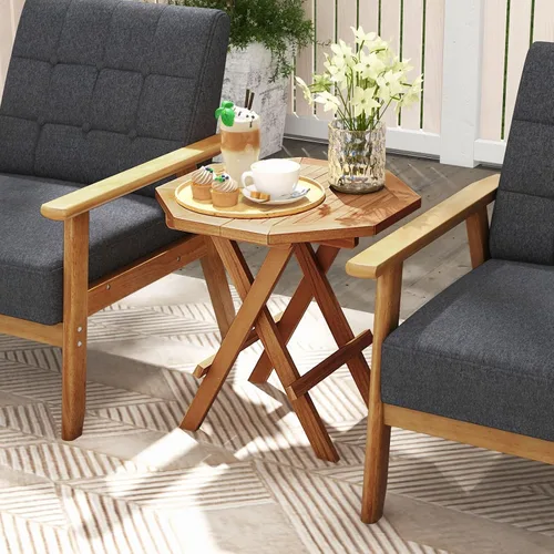 Miniatura 7 de RELAX4LIFE Mesa auxiliar plegable para exteriores, mesa auxiliar de madera de teca, mesa de café octogonal con mesa de listones, mesa de campamento