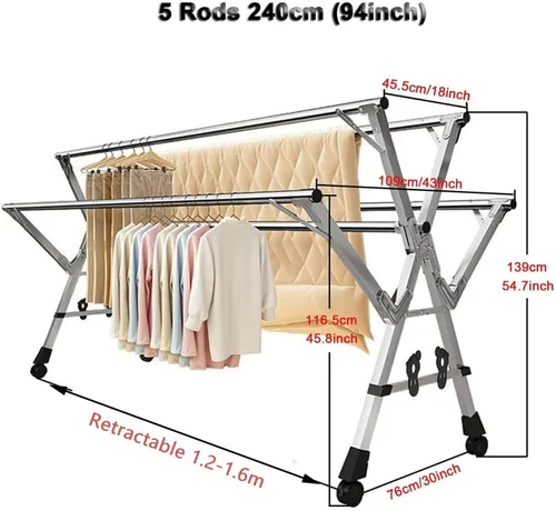 Miniatura 2 de Collapsible Clothes Drying Rack Foldable with Wheels, Heavy Duty Stainless Steel Laundry Stand for Drying Clothes, Towels, and Linens.1.2,1.6m