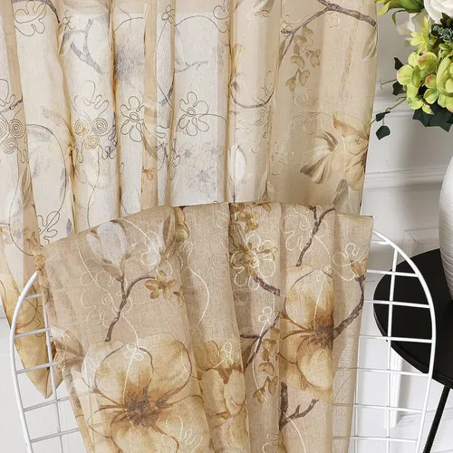 Miniatura 6 de Tollpiz Cortina Corta Transparente de Nivel Beige con Estampado de Hojas y Flores, Bordado Floral, Cortinas de Media Ventana Transparentes