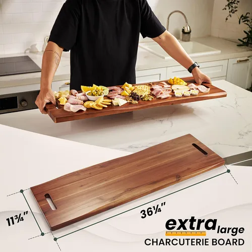 Miniatura 3 de Tidita Tabla de embutidos grande de 36" de madera de acacia con asas - Tablas de servir de queso de madera extra largas - Bandeja rectangular