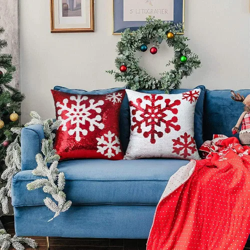 Miniatura 6 de OTOSTAR Juego de 2 fundas de almohada de lentejuelas navideñas de 18 x 18 pulgadas, diseño de copo de nieve de invierno, decoración de lentejuelas