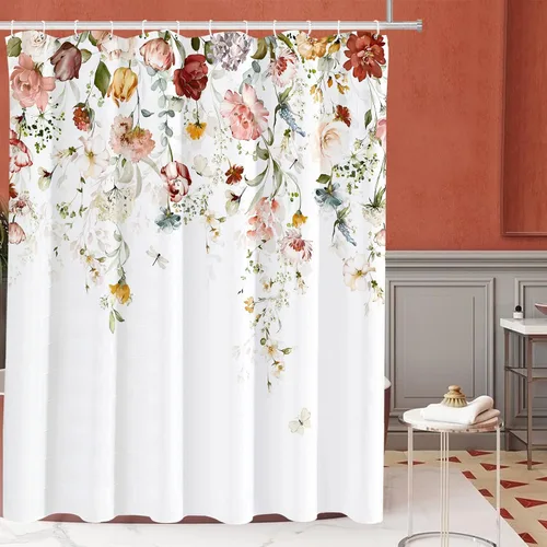 Miniatura 22 de Tititex Blomming - Cortina de ducha floral blanca brillante, hojas verdes acuarela en la parte superior, decoración de baño de planta