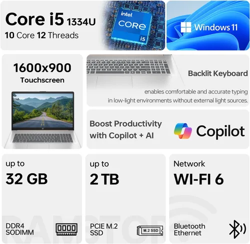 Miniatura 2 de HP Portátil Essential 17t, pantalla táctil HD+ de 17,3", Intel Core i5-1334U, 16 GB de RAM, SSD de 512 GB, cámara web, lector FP, KB retroiluminado