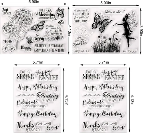 Miniatura 2 de Outus 4 hojas de sellos transparentes de silicona para primavera y verano con palabras de felicitación, patrón de flores, mariposas, libélula