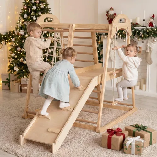Miniatura 2 de OLAKIDS Gimnasio interior de la selva, 8 en 1 de madera Montessori juguetes de escalada para niños pequeños con rampa ajustable deslizante, escalera