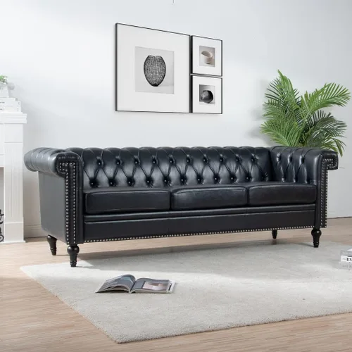 Sofá Chesterfield moderno de 83.5 pulgadas, sofá de 3 plazas con brazo enrollado, tapizado de cabeza de clavo, sofás de piel sintética para sala de