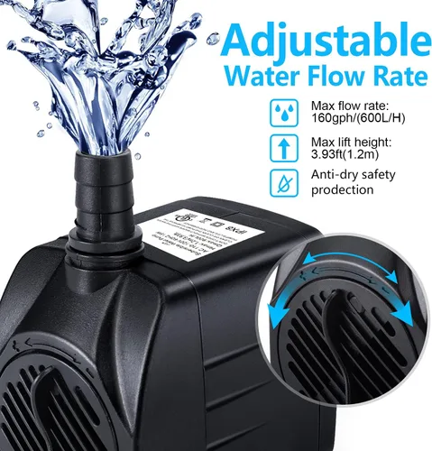 Miniatura 3 de CWKJ Bomba de fuente, 2 paquetes de bomba de agua sumergible de 160 GPH(10 W, 600 L/H), bomba de agua duradera para fuente al aire libre con cable