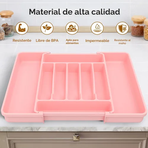 Miniatura 4 de ukeetap Organizador de cubiertos expandible extragrande, sin BPA, apto para alimentos, organizador de cajones de utensilios de cocina, soporte Rosa