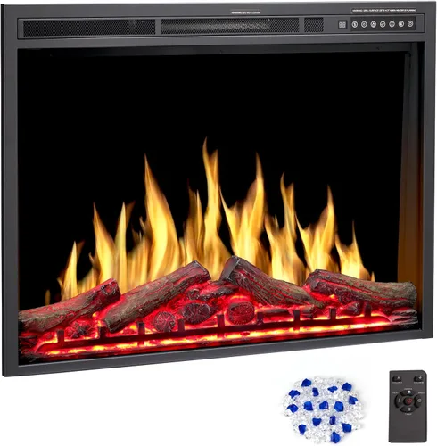 Inserto de chimenea eléctrica de 34 pulgadas, llama intercambiable ajustable y colores de troncos, velocidad y brillo de llama variables, control