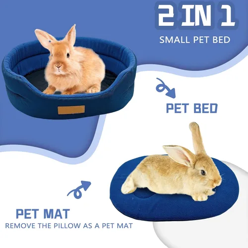 Miniatura 2 de Cama de conejo, suave y lavable con acogedora alfombrilla extraíble, taza de peluche para conejillos de indias, chinchilla, erizo, hurón (azul)