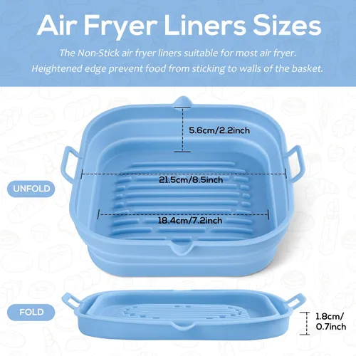Miniatura 3 de [Paquete de 2] Forros cuadrados de silicona para freidora de aire – Cesta reutilizable para freidora de aire – Olla fácil de limpiar para freidora