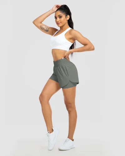 Miniatura 5 de YEZII Pantalones cortos de correr de cintura alta para mujer, pantalones cortos de entrenamiento atlético, de secado rápido, con bolsillos