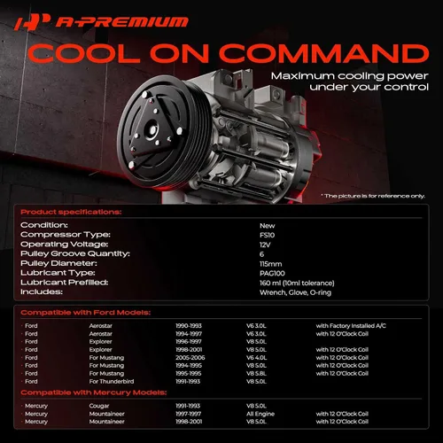 Miniatura 2 de A-Premium Compresor de CA con embrague compatible con Ford Explorer 1996-2001, Mustang 1994-1995 2005-2006, Aerostar, Thunderbird & Mercury Cougar