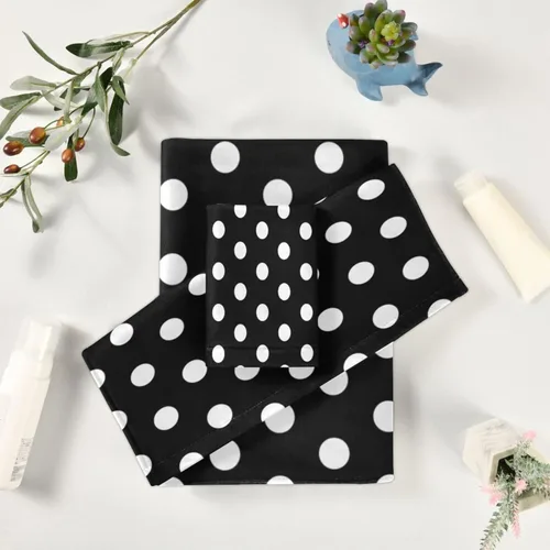 Miniatura 6 de Juego de 3 toallas de baño en blanco y negro, diseño de lunares, 1 toalla de baño, 1 toalla de mano, 1 toalla, toallas de ducha suaves para baño