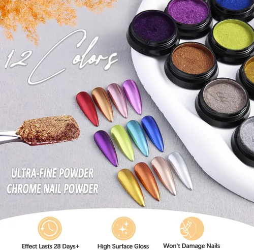 Miniatura 3 de Polvo de uñas cromado, 12 colores, polvo cromado metálico para uñas, efecto espejo, rojo neón, verde, azul, morado, cromo, pigmento extra fino