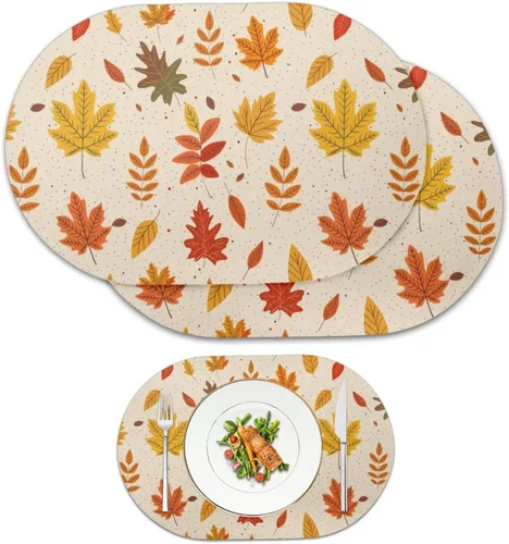 Miniatura 47 de Non Slip Placemats Set of 6 Pumpkin Mushroom Theme Waterproof Wipeable Faux Leather for Thanksgiving Family Feast Heat Resistant Dining Table Mats