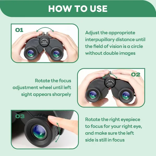 Miniatura 7 de Binoculares compactos de 10 x 25 para adultos y niños, de alta potencia, plegables, ligeros y de fácil enfoque para observación de aves, viajes