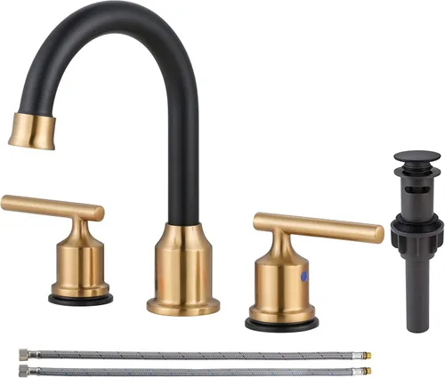 Miniatura 13 de WOWOW Grifo de baño de 2 manijas de bronce aceitado grifo de lavabo de baño de 3 agujeros con drenaje emergente y mangueras de suministro grifo