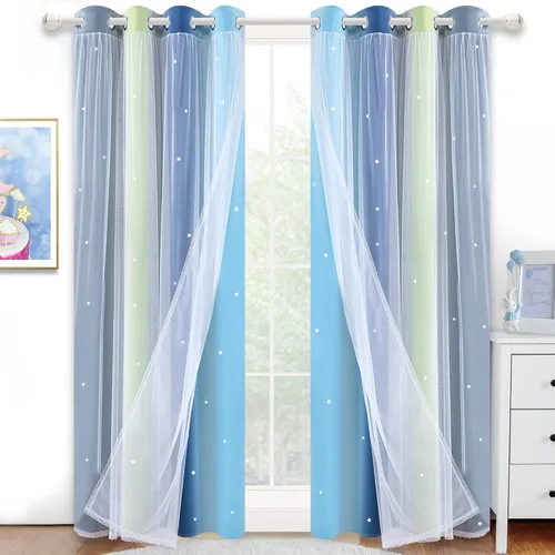 Miniatura 8 de Cortinas opacas con recorte de estrellas y arcoíris para guardería/habitación de niños/niñas, con superposición de tul, 2 paneles, cada una de 52