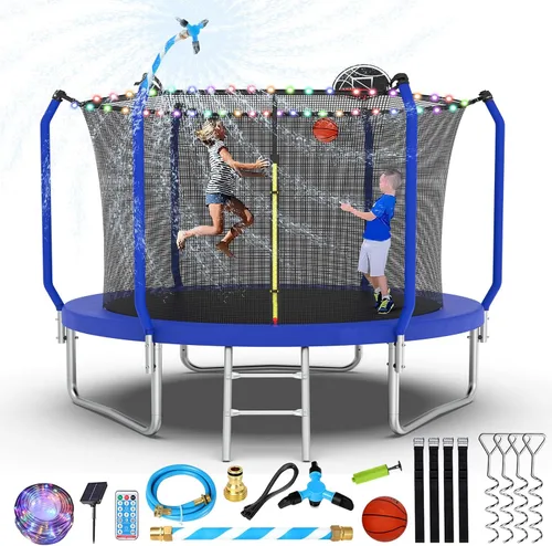 Miniatura 9 de Lyromix Trampolín mejorado de 8 pies/10 pies/12 pies/14 pies con aro de baloncesto, luz, aspersor, estacas – patio trasero al aire libre para 4-6