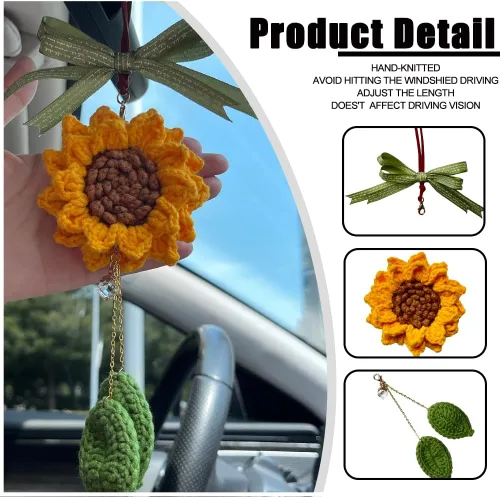 Miniatura 2 de Accesorios de girasol para automóvil, bonitos accesorios para automóvil, hechos a mano, de punto, espejo retrovisor, adorno colgante para tus