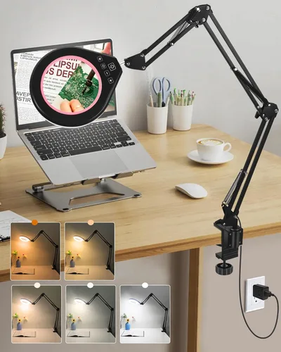 Miniatura 12 de Lupa 10X y 5X con luz LED, brazo oscilante ultra largo, 5 colores y 10 de brillo, lente de cristal real, lámpara de aumento grande para Blanco